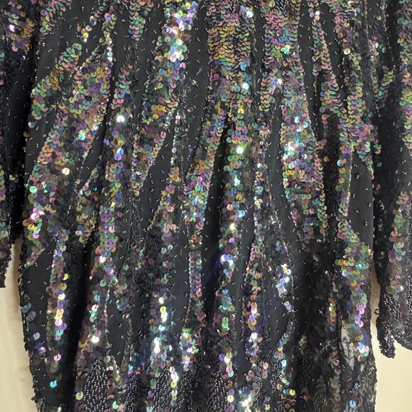 Vintage Iris Sequin Top Womens Medium Black Iridescent Beaded Party Blouse 80s - Picture 13 of 14